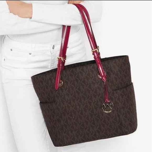 Michael Kors Jet Set Brown/Cherry Signature Logo Tote Shoulder Bag - Picture 16 of 16